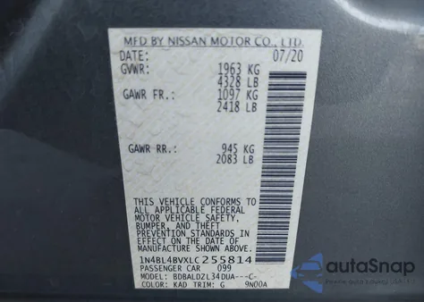 2020 Nissan Altima S Fwd z USA, uszkodzony, nr VIN 1N4BL4BVXLC255814